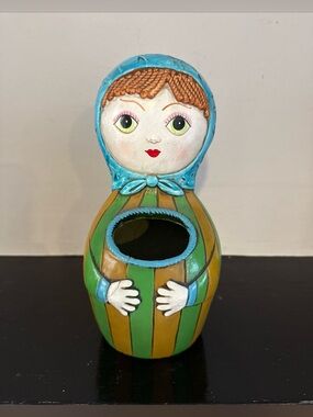 Hand-Painted Matryoshka-Style Vase in Green and Teal